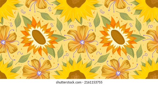 Sunflower seamless pattern with flower, leaf. Cartoon yellow illustration. Floral seamless pattern. Summer bright floral design. Vector illustration