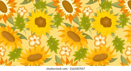 Sunflower seamless pattern with flower, leaf. Cartoon yellow illustration. Floral seamless pattern. Summer bright floral design. Vector illustration