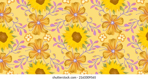 Sunflower seamless pattern with flower, leaf. Cartoon yellow illustration. Floral seamless pattern. Summer bright floral design. Vector illustration