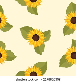 Sunflower seamless pattern. Green leaves. Yellow flower. Light background. Vector texture.