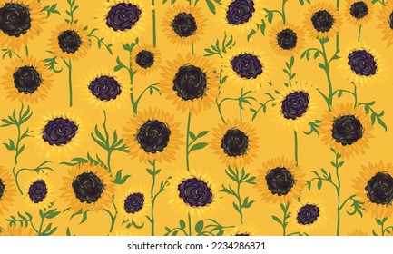 Sunflower seamless pattern. Hand drawn ditsy floral print. Sunflower flowers on a bright yellow background. Rustic chic, modern vintage design. Vector sunny yellow flowers texture background.