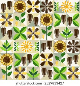 Sunflower seamless pattern with icons, abstract geometric shapes. Flowers, black striped seeds, leaves on light colored mosaic background. Simple flat style. For branding, food packaging, prints