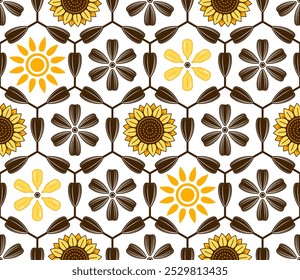 Patrón sin fisuras de girasol con iconos de cabezas de flores, semillas a rayas negras, sol en cuadrícula hexagonal sobre fondo blanco. Estilo geométrico plano simple. Para branding, envases de alimentos, impresiones