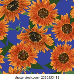 Sunflower Seamless Pattern. Leaves and Flowers Wallpaper. Bright Colorful artistic Drawing Floral Illustration. Hand Drawn Color Plants. Vector Illustration on Blue Background. For textile, fabric.