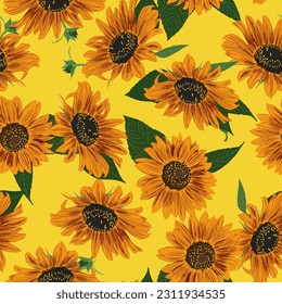 Sunflower Seamless Pattern. Leaves and Flowers Wallpaper. Bright Colorful artistic Drawing Floral Illustration. Hand Drawn Color Plants. Vector Illustration on Yellow Background. For textile, fabric.