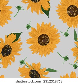 Sonnenblume Nahtlose Muster. Blätter und Blumenhintergrund. Helle farbige künstlerische Zeichnung, Blumengrafik. Handgezeichnete Farbpflanzen. Vektorgrafik auf grauem Hintergrund. Für Textilien, Gewebe.