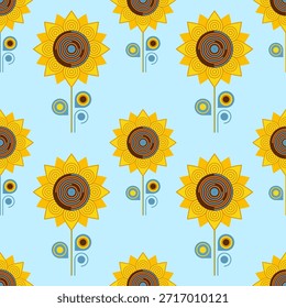 Patrón sin fisuras de girasol sobre fondo azul. Ilustración floral geométrica en estilo popular. Fondo de girasol decorativo para impresión textil. Adorno floral con flores amarillas, hojas geométricas.