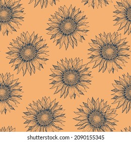 Sunflower seamless pattern on orange background. Suitable for textile, fabric, cover, wallpaper, background, screen saver.