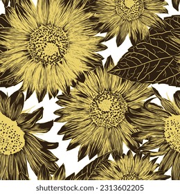 Sunflower Seamless Pattern. Outline Flowers Wallpaper. Artistic Sketch Drawing Floral Illustration. Hand Drawn Beauty Plants. Vector Illustration on White Background. For textile, fabric, design.