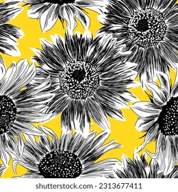 Sunflower Seamless Pattern. Outline Flowers Wallpaper. Artistic Sketch Drawing Floral Illustration. Hand Drawn Beauty Plants. Vector Illustration on Yellow Background. For textile, fabric, design.