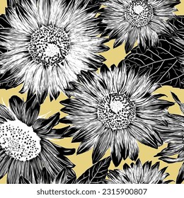Sunflower Seamless Pattern. Outline Flowers Wallpaper. Artistic Sketch Drawing Floral Illustration. Hand Drawn Plants. Vector Illustration on Yellow Background. For textile, fabric, design.