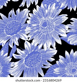 Sunflower Seamless Pattern. Outline Flowers Wallpaper. Artistic Sketch Drawing Floral Illustration. Hand Drawn Beauty Plants. Vector Illustration on Black Background. For textile, fabric, design.