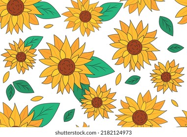 Sunflower seamless pattern. Repeating design element for printing on gift wrapping. Plants and flowers, nature and flora. Farming and agriculture, harvesting. Cartoon flat vector illustration