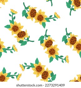 Sunflower seamless pattern summer colorful design, flat hand drawn vector illustration. Sunflowers ornament for fabric and prints.