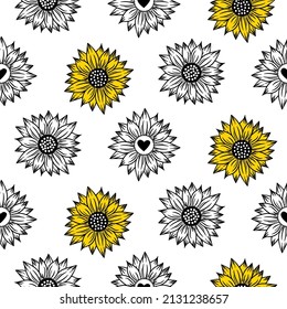 Sunflower seamless pattern. Summew wild blooming flowers background. Black, yellow and white illustration.