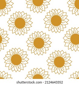 Sunflower seamless pattern vector illustration. Hand drawn simple sun flowers print on white background. Floral ornament for fabric textile, wrapping, wallpaper, banner, printable cover.