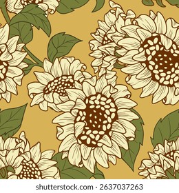 Sunflower seamless pattern white retro colour, suitable for prints, fabrics, or sublimation.
