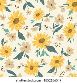 Sunflower seamless pattern. Yellow daisy on off white background. Perfect ornament for fashion fabric or other printable covers.
