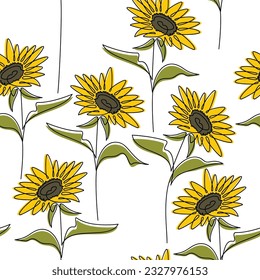 Patrón sin costuras de girasol. Flor de hélice amarilla. Ilustración vectorial continua de línea floral. Fondo botánico. Papel de escritorio, fondo, tela, textil, impresión, papel envolvente, diseño gráfico.