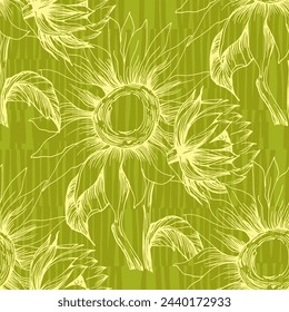 Diseño de fondo de pantalla de patrones sin costuras de girasol para tela, estampados y textura de fondo, ilustración vectorial.