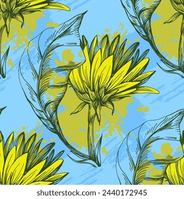 Sunflower seamless patterns wallpaper design for fabric, prints and background texture, Vector illustration.