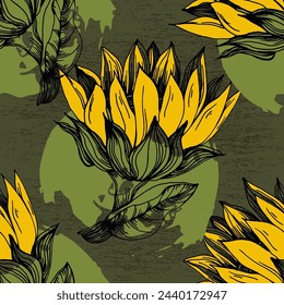 Diseño de fondo de pantalla de patrones sin costuras de girasol para tela, estampados y textura de fondo, ilustración vectorial.