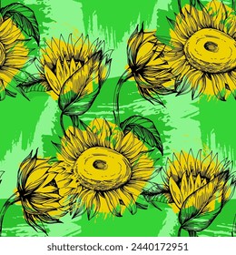 Sunflower seamless patterns wallpaper design for fabric, prints and background texture, Vector illustration.