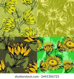 Sunflower seamless patterns wallpaper design for fabric, prints and background texture, Vector illustration.