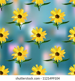 Sunflower, seamless texture on blue abstract background, vector.
