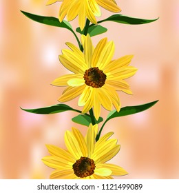 Sunflower, seamless texture on brown abstract background, vector.