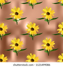 Sunflower, seamless texture on dark brown abstract background, vector.