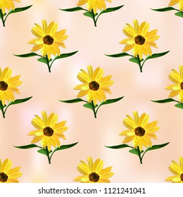 Sunflower, seamless texture on light brown background, vector.