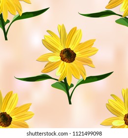 Sunflower, seamless texture on light brown abstract background, vector.