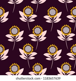 Sunflower seamless vector pattern background. Abstract autumn flower in pink and brown colors.