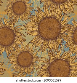 Sunflower seamless vector pattern. Sketched by hand using pen and ink. Flowers color illustration. Freehand botanical drawing for wrapping paper, textile, background.