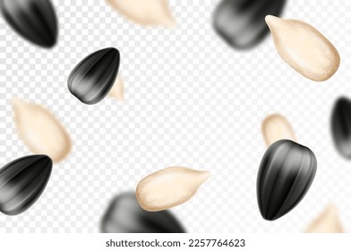 Sunflower seed background. Flying sunflower seed isolated on transparent background. Selective focus. Can be used for advertising, packaging, banner. Realistic 3d design. Vector illustration