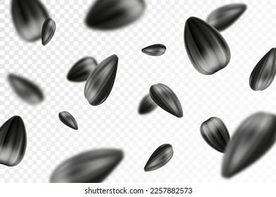 Sunflower seed background. Flying sunflower seed isolated on transparent background. Selective focus. Can be used for advertising, packaging, banner. Realistic 3d design. Vector illustration svg