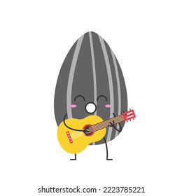 Sunflower seed cute character cartoon plays the guitar sings smiling face cheerful kawaii joy happy emotions icon vector illustration.