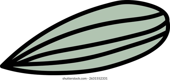 A sunflower seed depicted with a bold black outline and subtle shading. The seed is elongated and stylized in a clean, modern style. Cartoon vector illustration.