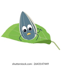 A sunflower seed flies onto an apple leaf and looks down in surprise. Cartoon vector illustration for children's book, worksheet, print.
