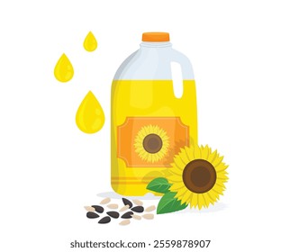 Sunflower seed oil in bottle and oil drops isolated on white. Vector flat cartoon graphic design illustration stock illustration