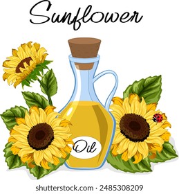 Sunflower seed oil in a bottle.Vector illustration with sunflowers and seed oil in a glass bottle.