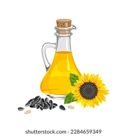 Sunflower seed oil in glass bottle isolated on white background. Vector cartoon illustration of healthy food.