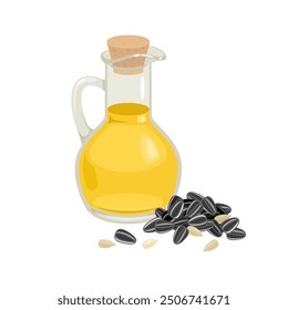 Sunflower seed oil in glass bottle. Vector cartoon flat illustration.