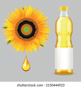 Sunflower seed oil realistic set of oil drop orange flower and plastic bottle on transparent background isolated vector illustration
