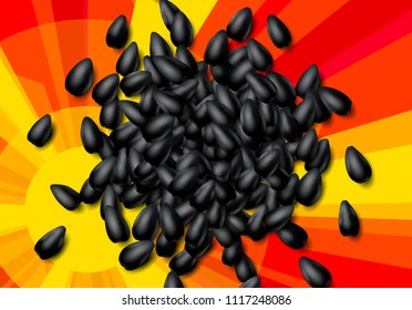 Sunflower seeds background with heap of scattered black grains