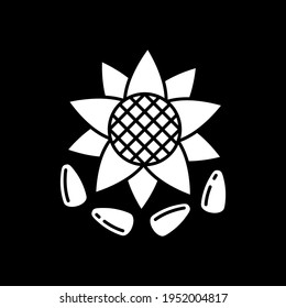 Sunflower seeds dark mode glyph icon. Kernel for oil production. Diet food for healthy eating. Grocery product and foodstuff. White silhouette symbol on black space. Vector isolated illustration