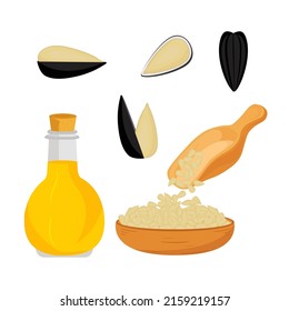 Sunflower seeds. Grain in a scoop. Oil in a bottle. Vector set in a flat style on a white background.