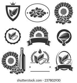 Sunflower seeds label and elements set. Vector