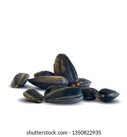 Sunflower seeds low poly. Sunflower seeds composition on white background. Elements for label design. Vector illustration. Sunflower seeds in triangulation technique.